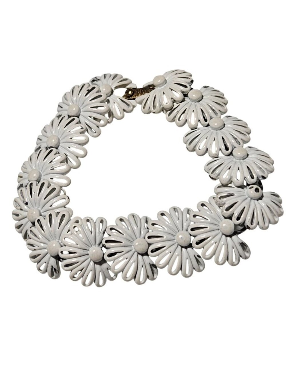Vintage White Daisy Flower Link Bracelet Enamel Openwork Retro Mod Cottagecore